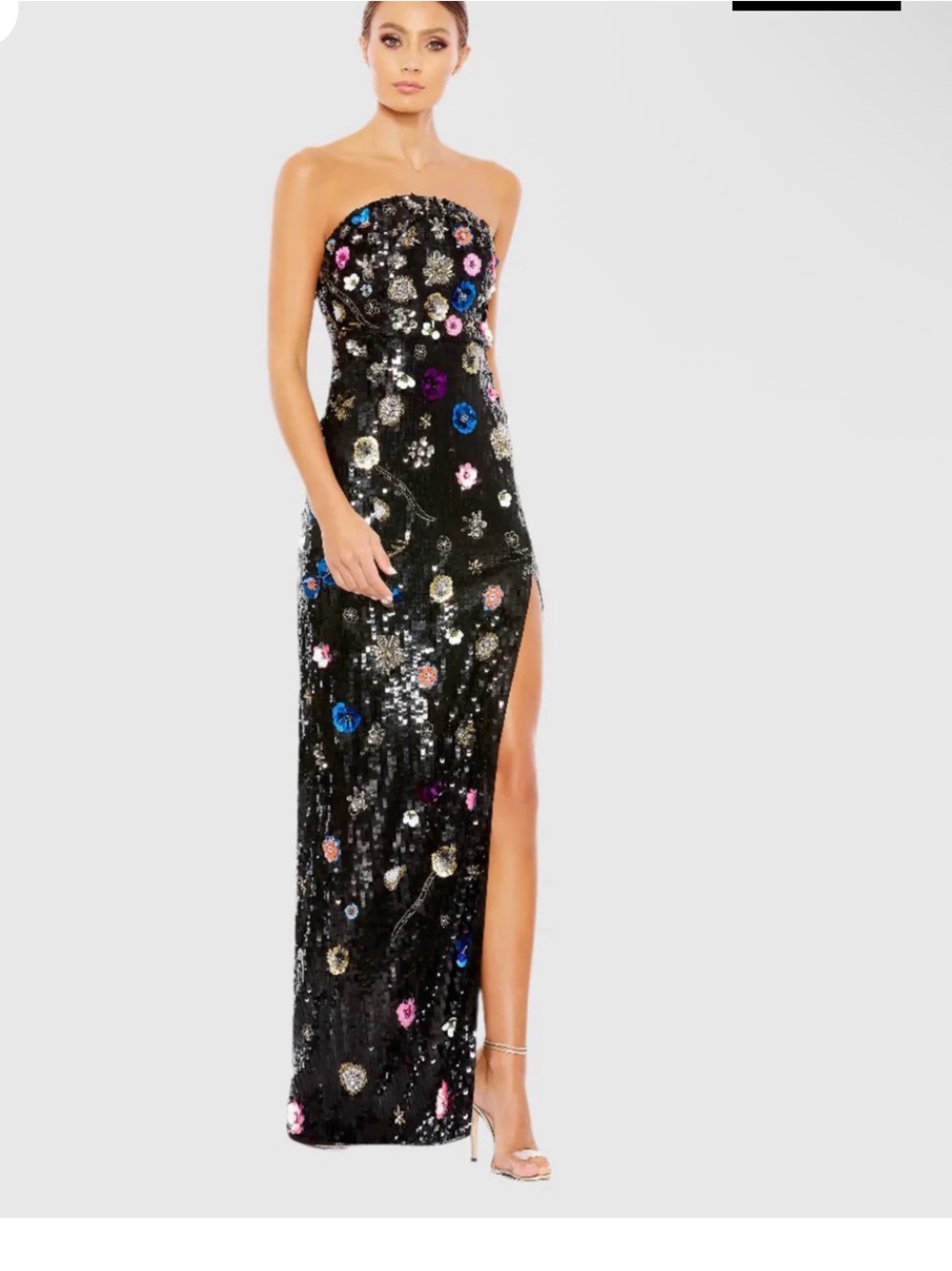 Mac Duggal Black Strapless Sequin Gown with Multicolor Floral Embellishments